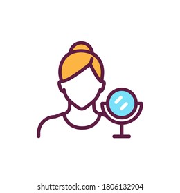 Icono de color de la línea de maquillaje. Niña sin rostro y espejo. Elemento vector aislado. Esbozo pictograma para página web, aplicación móvil, promoción.