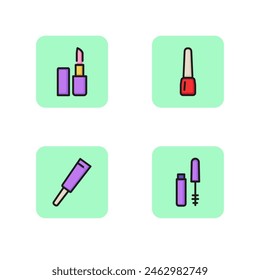 Makeup line icon set. Lip balm, mascara, nail polish and concealer. Decorative cosmetics concept. Vector illustration for web design