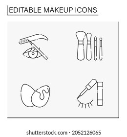 Makeup line icons set. Brushes, microblading, cosmetic sponge and eye liner. Beauty salon. Cosmetology concept. Isolated vector illustrations. Editable stroke