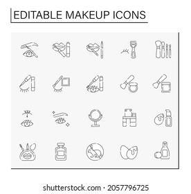 Makeup line icons set. Different types of cosmetic productions. Real beauty. Beauty salon. Cosmetology concept. Isolated vector illustrations. Editable stroke