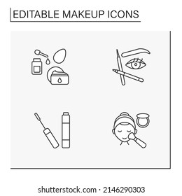 Makeup line icons set. Serum and cream for skin mousturizing, brush and microblading. Skin care. Cosmetology concept. Isolated vector illustrations. Editable stroke