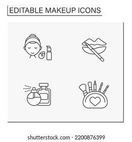 Makeup line icons set. Trendy makeup for lips and eyes. Skin foundation and perfume. Skin care. Cosmetology concept. Isolated vector illustrations. Editable stroke