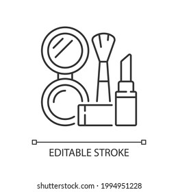Makeup linear icon. Cosmetic products. Female skincare. Lipstick and powder set. Brush for women. Thin line customizable illustration. Contour symbol. Vector isolated outline drawing. Editable stroke
