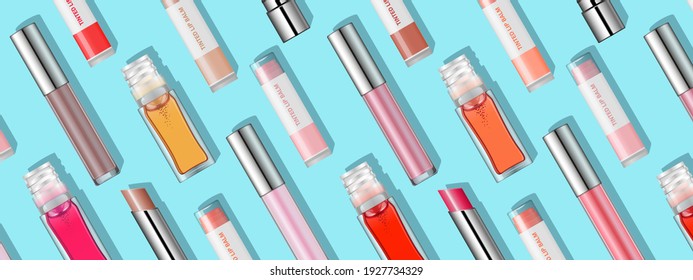 Afiche colorido con productos de labios para maquillaje. El concepto de banner de belleza moderno con un patrón de lápiz labial sobre fondo turquesa. Plantilla decorativa vectorial para tienda online, venta y promoción. Diseño juvenil brillante.