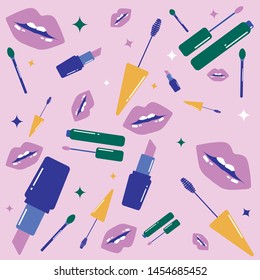 Makeup and lips seamless pattern. Illustration of different cosmetics. Lipstick and pomade,makeup brush,mascara vector