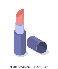 Makeup lipstick concept. Lip gloss in stick, decorative cosmetic product. Fashion, elegance and trend. Sticker for social networks and messengers. Cartoon isometric vector illustration