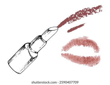 Make-up lipstick, gloss balm moisturizer, tube container, kiss smudge. Isolated composition, detailed line vector sketch hand drawn in ink. Beauty parlor salon illustration, packaging, cosmetics shop