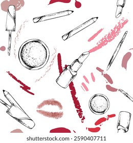 Make-up lipstick, gloss balm moisturizer, powder palette, contour pencil, kiss smudge. Detailed vector sketch hand drawn in ink, isolated seamless pattern. Beauty parlor illustration, cosmetic shop