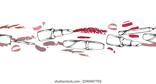 Make-up lipstick, lip gloss balm moisturizer, tube container, kiss smudge. Detailed line vector sketch hand drawn in ink, isolated seamless banner. Beauty parlor illustration, packaging, cosmetic shop
