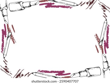 Make-up lipstick, lip gloss balm moisturizer, tube container, kiss smudge. Detailed line vector sketch hand drawn in ink, isolated border frame. Beauty parlor illustration, packaging, cosmetic shop