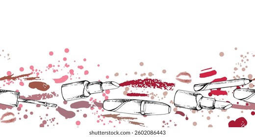Make-up lipstick, lip gloss balm moisturizer, kiss smudge, tube container. Detailed line vector sketch hand drawn in ink, isolated seamless banner. Beauty parlor illustration, packaging, cosmetic shop