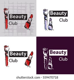 Make-up logo for a beauty salon. Color sketch of female lipstick and a brush for blush. Vector illustration