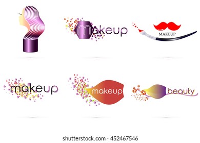 Makeup logo. Decorative cosmetic, makeup, beauty salon, cosmetic and spa, stylist. Set logo. Vector illustration. Editable.