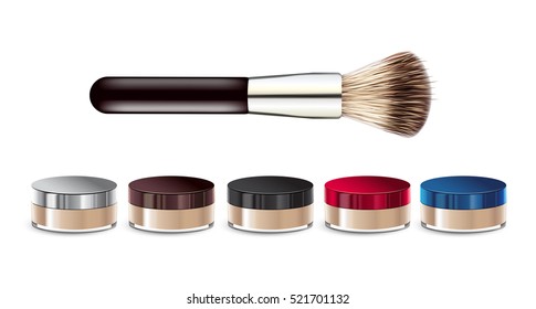 Makeup loose mineral powder in different color of containers. Vector illustration realistic loose mineral powder and brush.