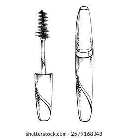 Make-up mascara brush eyebrow eyelash bottle container with applicator. Isolated object, detailed line vector sketch, ink hand drawn. Beauty parlor salon illustration, packaging, craft cosmetics shop