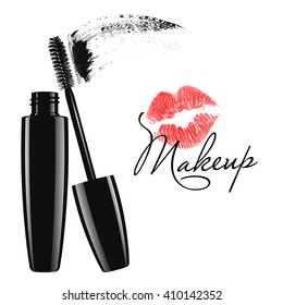 Makeup mascara tube, brush and stain isolated over white background. Cosmetic product design vector illustration