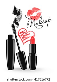 Makeup mascara tube, brush and stain, red lipstick and doodle heart isolated over white background. Cosmetic product design vector illustration