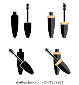 Makeup mascara vector icon. Open tube of mascara sign. Vector flat Logo of makeup. Black simple illustration of eyelash brush and container.