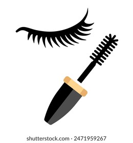 Makeup mascara vector icon. Open tube of mascara sign. Vector flat Logo of makeup. Black simple illustration of eyelash brush and container.