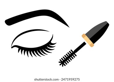 Makeup mascara vector icon. Open tube of mascara sign. Vector flat Logo of makeup. Black simple illustration of eyelash brush and container.