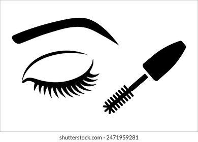 Makeup mascara vector icon. Open tube of mascara sign. Vector flat Logo of makeup. Black simple illustration of eyelash brush and container.