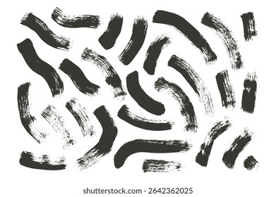 Makeup mascara wavy brush stroke lines. Hand drawn black ink vector long shapes. Paintbrush linear scribble elements set isolated on white background. Marker thick grunge curved strips.