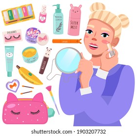 Makeup master class banner with beautiful young woman, modern cartoon style. Blonde beauty lady applies blush looks in the mirror. Make-up accessories, skin care products flat vector illustration