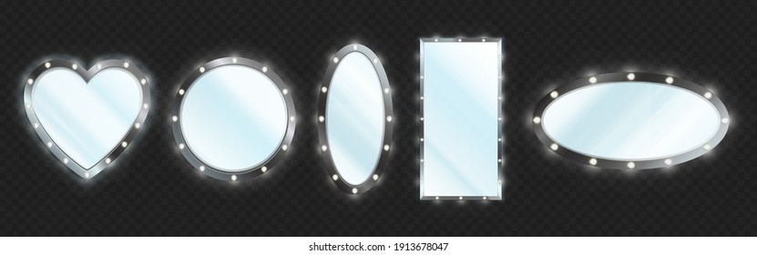 Makeup mirror in black frame with light bulbs isolated on transparent background. Vector realistic different shapes mirrors for theater actors or fashion model dressing room