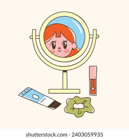 Makeup mirror with a cute girl's reflection and girly accessories. Vector illustration of feminine self care concept. Hand drawn elements. 