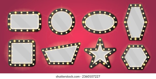 Makeup mirror frame. Lamp illuminated backstage mirrors, retro frames with light bulbs for glamour fashion dressing room. Vector illustration set of frame mirror, makeup illuminated