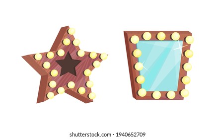 Makeup Mirror in Frame with Light Bulbs Vector Set