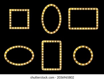 Make-up Mirror Frame. Lighting Lamp Frames Different Forms. Empty Square Rectangle And Round Fashion Decor, Glamour Signboard With Lamps, Theater Dressing Room Element. Vector Isolated Set