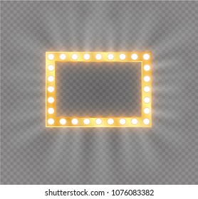 Makeup mirror isolated with gold lights. Vector square and round frames illustration