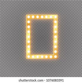 Makeup mirror isolated with gold lights. Vector square and round frames illustration
