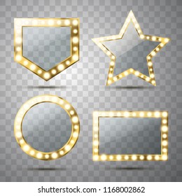 Makeup mirror isolated with gold lights. Vector different golden frames with light bulbs illustration