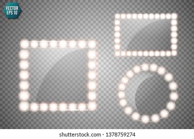 Makeup mirror isolated with gold lights. Vector square and round frames illustration