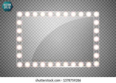 Makeup mirror isolated with gold lights. Vector square and round frames illustration