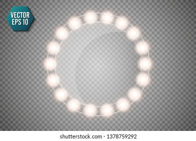 Makeup mirror isolated with gold lights. Vector square and round frames illustration