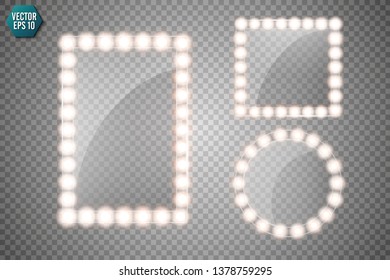 Makeup mirror isolated with gold lights. Vector square and round frames illustration