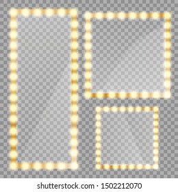 Makeup mirror isolated with gold lights. Circle and rectangle mirrors frame with light bulbs and mirrored reflection.