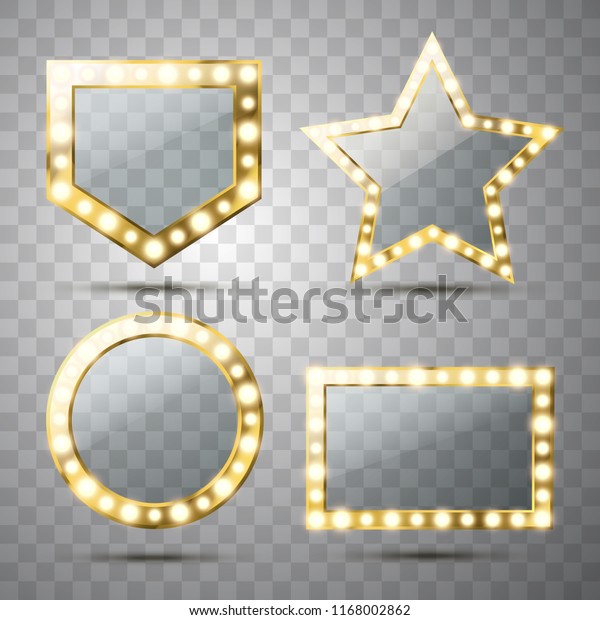Makeup mirror isolated with\
gold lights. Vector different golden frames with light bulbs\
illustration