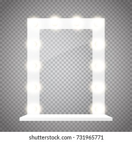 Makeup mirror isolated with lights. Glass frame with light bulbs. Vector illustration