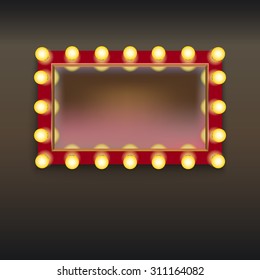 Makeup mirror with lamps and reflection, isolated on white background