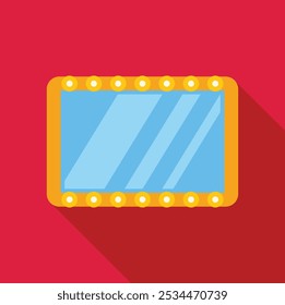 Espejo del maquillaje con las bombillas para el diseño plano del icono del salón de belleza en el fondo rojo