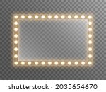 Makeup mirror with light. Dressing mirror with bright bulbs. Rectangle glass with reflection for poster, brochure or web. Illuminated frame on transparent backdrop. Vector illustration.