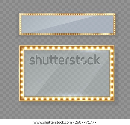makeup mirror light in dressing with bright bulb and rectangle glasses near poster, booklet, web illuminated frame showing transparent vector illustration background with colours abstract dark	