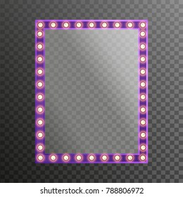 Makeup mirror with light electric bulbs isolated with gold lights transparent. Vector illustration