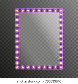 Makeup mirror with light electric bulbs isolated with gold lights transparent. Vector illustration