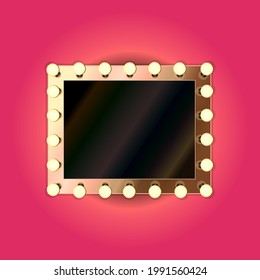 Makeup mirror. Lights frame, beautiful lighting and mirrors frames bulbs isolated 3D vector illustration