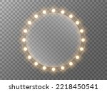Makeup mirror with lights. Round mirror with gold bulbs. Frame with bright lamps. Realistic illuminated glass for banner or poster. Vector illustration.